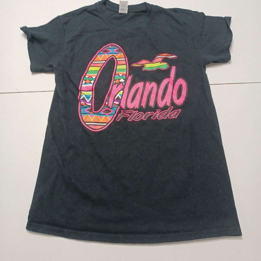Orlando Flordia Women Small T-Shirt Black Pink Short Sleeve CrewNeck 100% Cotton